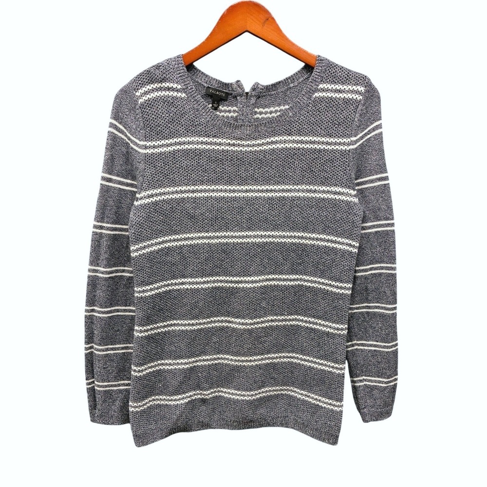 Talbots Striped Back Zip Pullover Sweater Womens S Gray White Knit Preppy Cozy